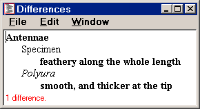 Intkey window showing differences from the specimen