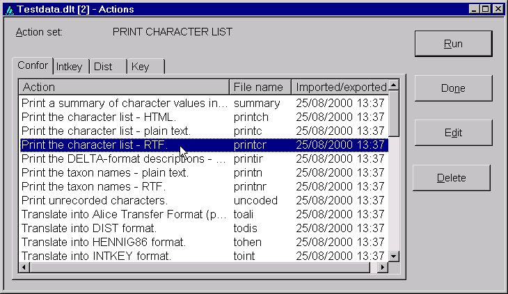'Testdata.dlt [2] - Actions' dialog. Print Character List.