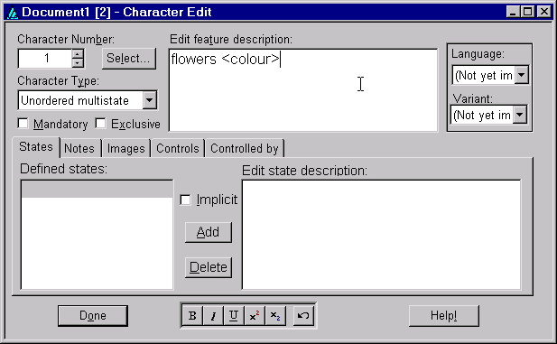 'Document1 [2] - Character Edit' dialog. Feature 1.