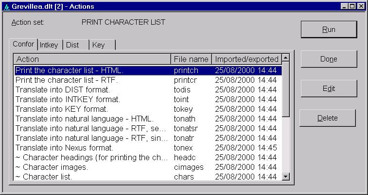 'Grevillea.dlt [2] - Actions' dialog.